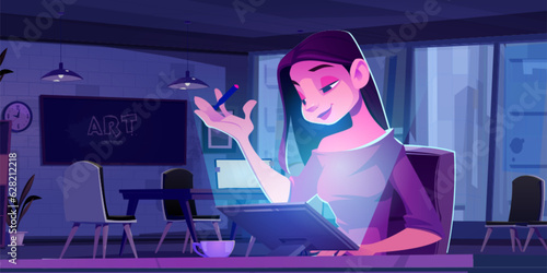 Happy woman work with tablet in office at night vector cartoon background. Student designer character enjoy drawing project and late time on workspace. Cityscape from window at company workplace