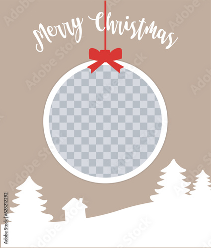 Christmas round Photo frame collage. Vertical template with big Christmas ball, trees and a house. Mockup on beige background. Vector Holiday composition. EPS10.