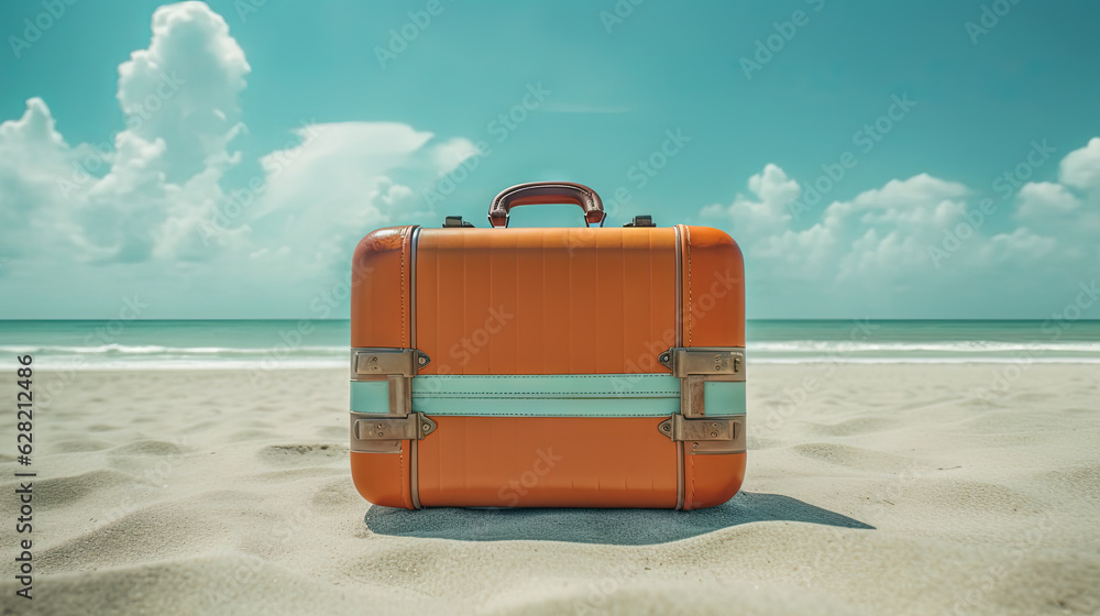 Suitcase in the sand of the beach. Vacation scene with travel case on the shore line. Suitcase in the sand of the beach. Vacation scene with travel case on the shore line.
