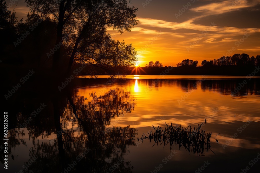 Illustration of a serene sunset over a tranquil lake with trees in the foreground, created using generative AI Illustration of a serene sunset over a tranquil lake with trees in the foreground, created using generative AI