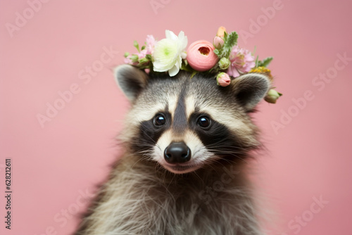 Portrait of racoon with flowers on head on pastel background