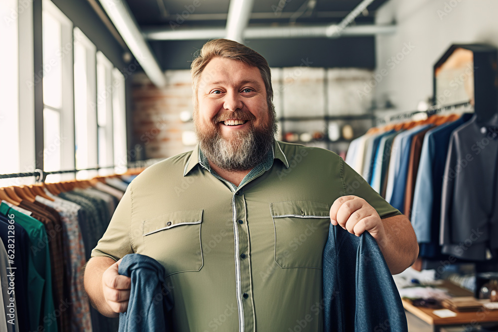 Portrait of a smiling overweight man in casual clothes looking at camera while standing in a clothing store Portrait of a smiling overweight man in casual clothes looking at camera while standing in a clothing store