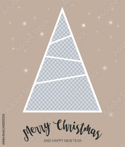 Christmas tree with place for photos. Vector Holiday collage. New year greeting card with text on beige background. Template background. EPS10.