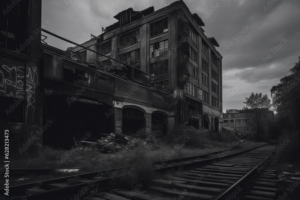 Illustration of an abandoned building captured in black and white photography, created using generative AI