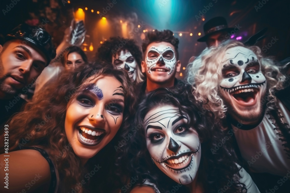 Young People in Costumes Celebrating Halloween. Group of Young Happy Friends Wearing Halloween Costumes having Fun at Party in Nightclub by doing Scary faces. Celebration of Halloween. Young People in Costumes Celebrating Halloween. Group of Young Happy Friends Wearing Halloween Costumes having Fun at Party in Nightclub by doing Scary faces. Celebration of Halloween.