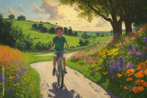 Young Boy Cycling Down a Village Road Surrounded by a Breathtaking Floral Pathway