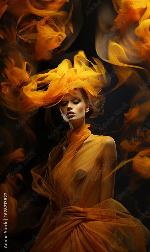 Generative Ai. Girl model surrounded by yellow veil