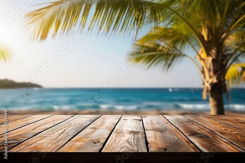 Top of wood table with seascape and palm leaves