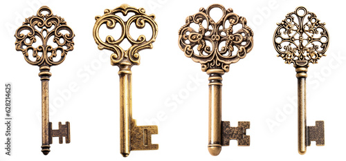 Assorted vintage ornate brass keys on transparent PNG background.