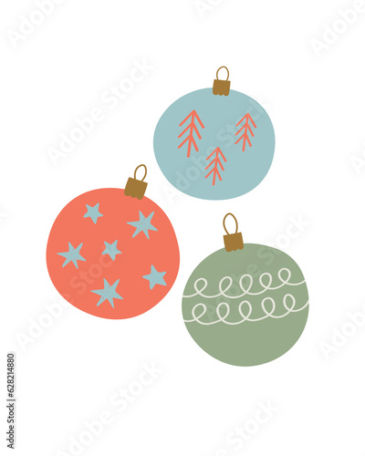 Christmas toys for congratulations Happy New Year cartoon vector illustration. Festive template for congratulations on winter holidays on isolate background. Boho style backdrop design element