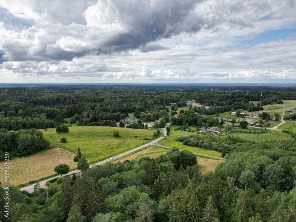 Aerial view of Haanja village next to Suure Munamae in Estonia