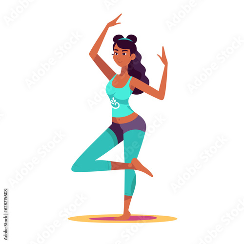 Woman sitting in a fitness studio with her yoga class. Personal fitness trainer concept. cartoon vector illustration.