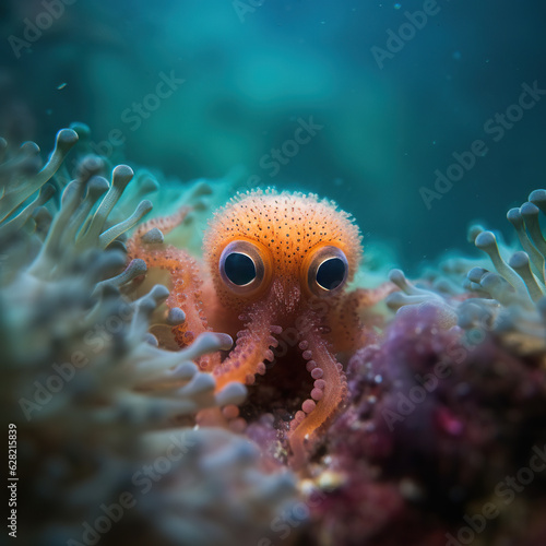 Prized portrait of baby octopus in coral nest. Intense cuteness of octopus with big eyes. Octopus protected in a hyper realistic nest. Realistic 3D illustration. Generative AI