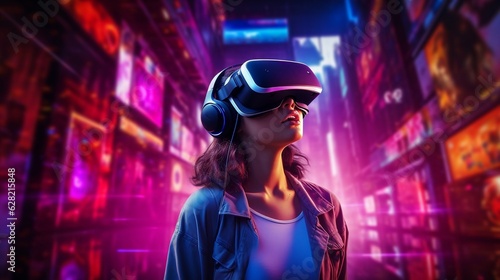 woman in VR glasses in neon space, digital art illustration