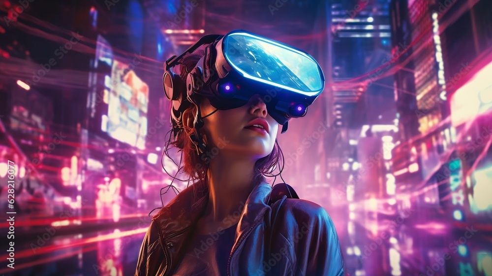 woman in VR glasses in neon space, digital art illustration woman in VR glasses in neon space, digital art illustration
