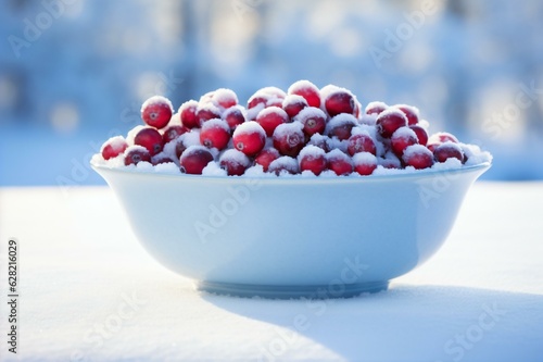 Icy Cranberries in Bowl on Snowy Background, Fresh Winter Deligh