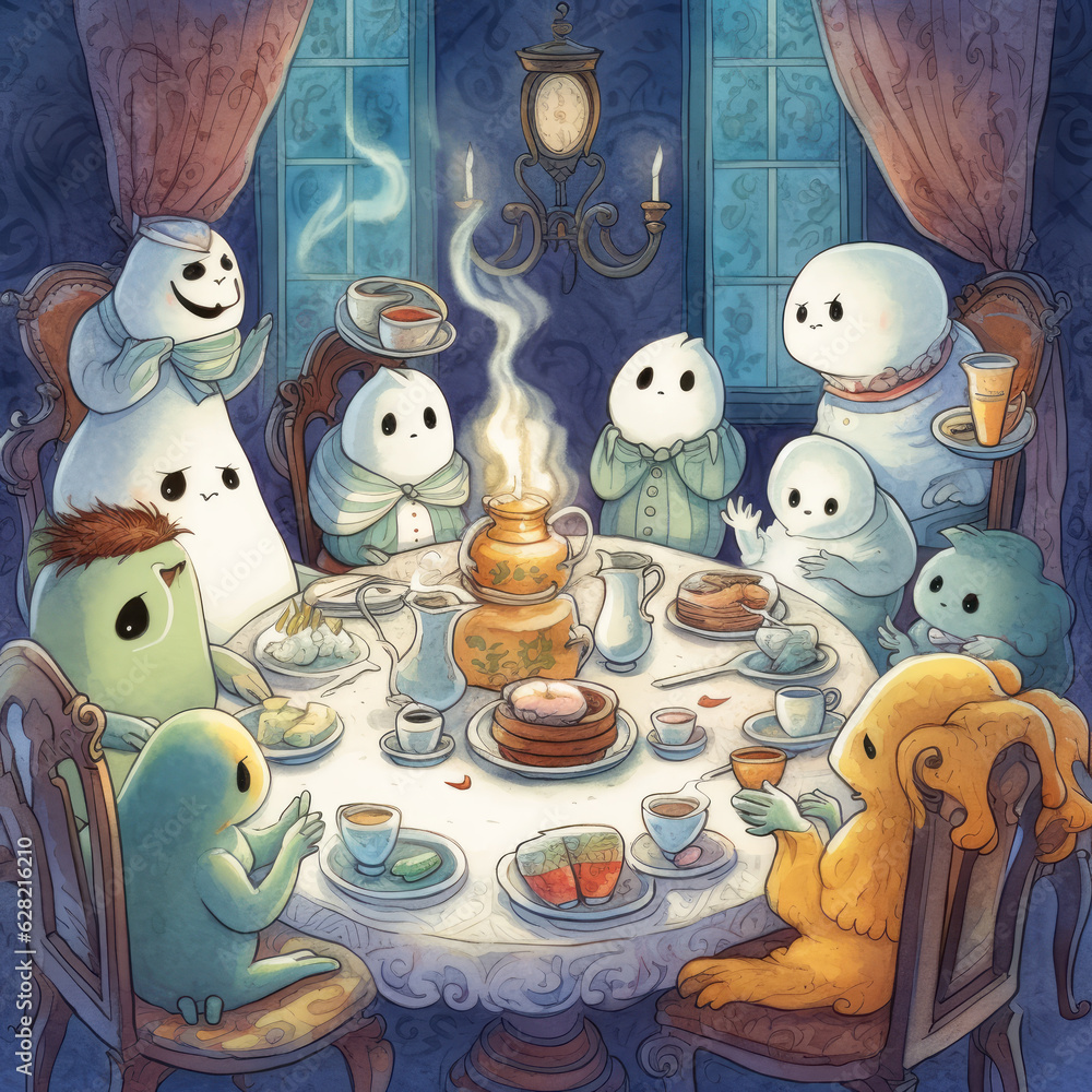 A charming illustration of a kind-hearted ghost hosting a Halloween tea party, inviting both ghost and non-ghost friends to celebrate together