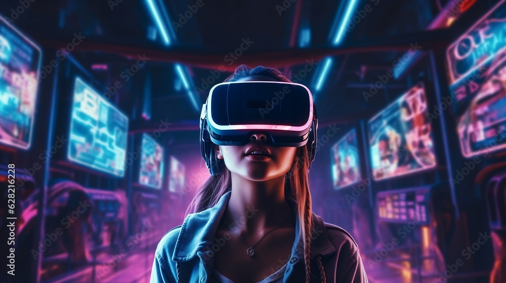 woman in VR glasses in neon space, digital art illustration woman in VR glasses in neon space, digital art illustration