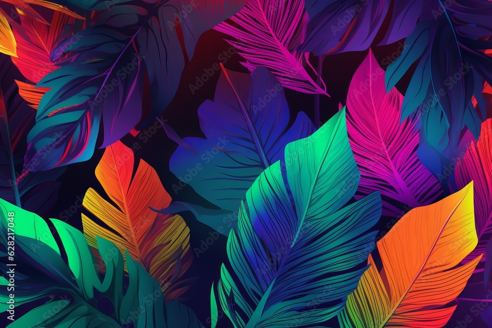 Illustration of colorful leaves in a vibrant generative AI design on a black background, created using generative AI