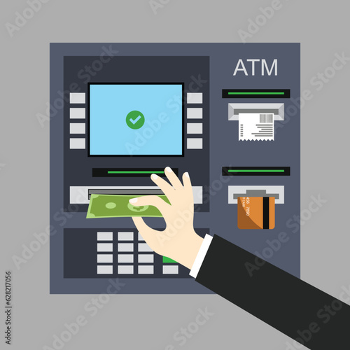 Hand getting money from ATM machine slot. Withdrawing dollar banknote. Vector banking illustration in trendy flat style.