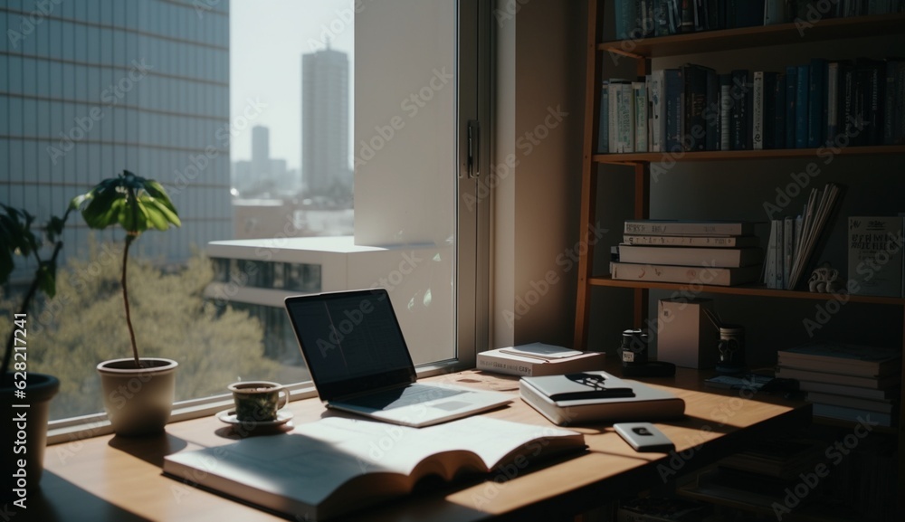 Fototapeta premium In the sunny office there is a bookshelf with books Generative Ai