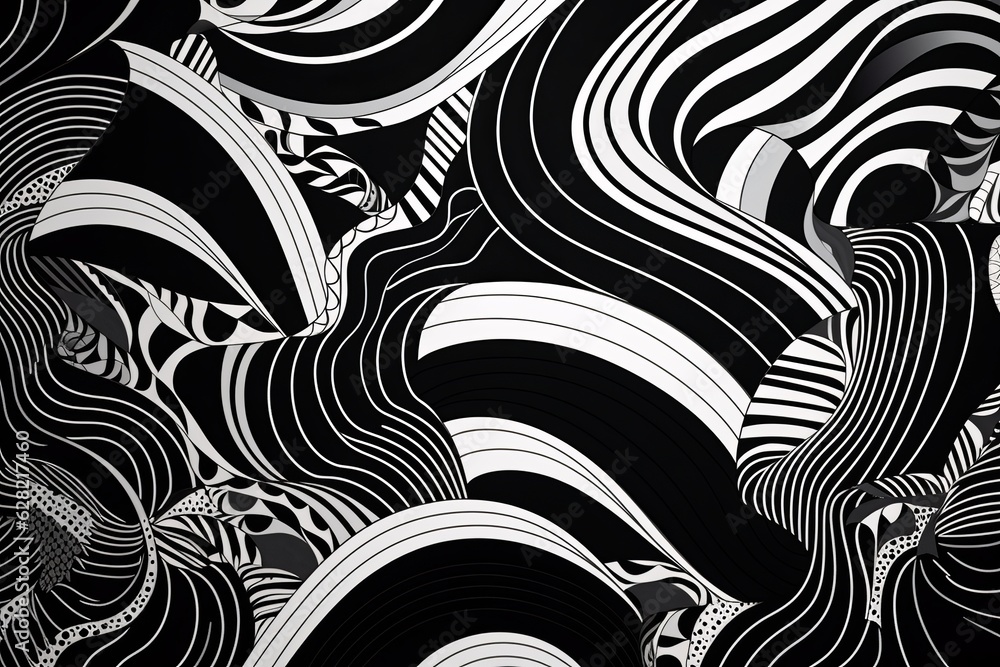 Illustration of a black and white abstract background with wavy lines, created using generative AI