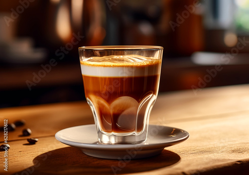 Cappuccino or latte with milk froth in a cup on a wooden background. AI Generated