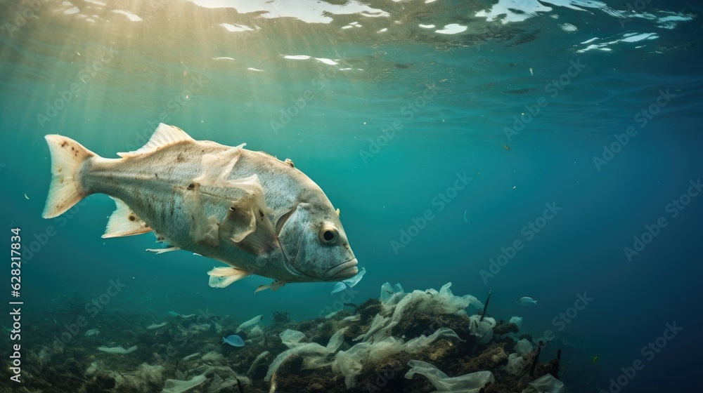 Fototapeta premium Fish and plastic pollution. Envrionmental problem - plastics contaminate seafood