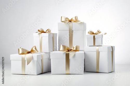 Stack of Christmas gift boxes. Heap of wrapped present boxes with bows. Composition with copyspace. Christmas present, Valentines Day, Birthday concept, Happy New Year greeting card photo