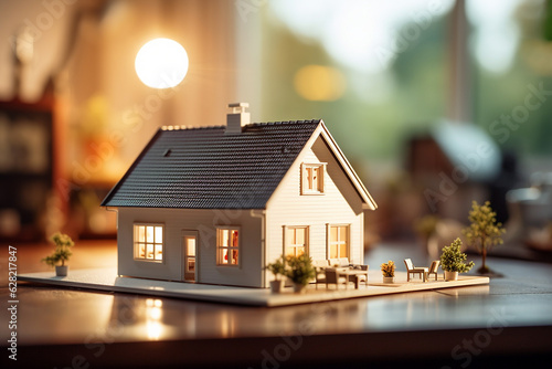 Miniature house model on table. Real estate, investment, property insurance, mortgage, home loan, and savings concept. Buying or building new home. Dream house, financial planning. AI generated