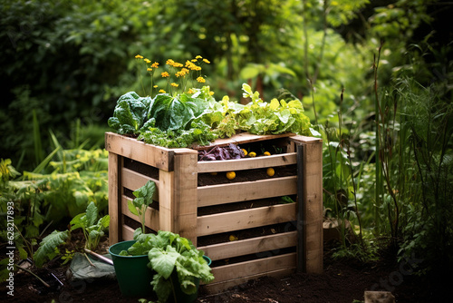 Outdoor compost box for reducing kitchen waste. Organic waste in garden composter, food leftovers, eco-friendly gardening, sustainability. Environmentally responsible, ecology