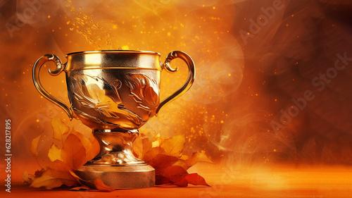 Gold winner cup on orange autumn background. Golden champion cup, trophy for the winner, award, victory, first place of competition, winning and success concept. Copy space