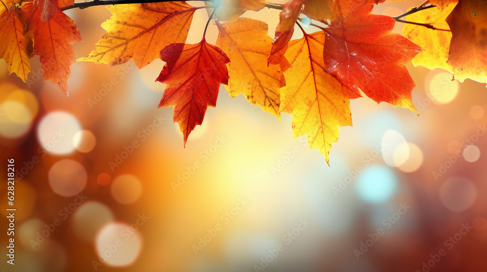 Nature of Red Leaves on beautiful Yellow bokeh background and copy space for text. Using as autumn environment cover page. Generative Ai Nature of Red Leaves on beautiful Yellow bokeh background and copy space for text. Using as autumn environment cover page. Generative Ai