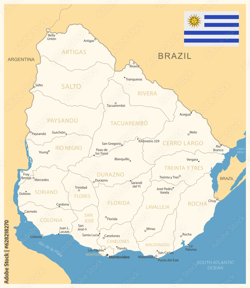 Uruguay - detailed map with administrative divisions and country flag.