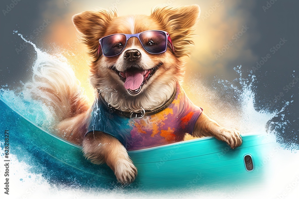 A dog with sunglasses and a surfboard in the water