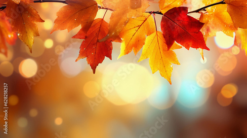 Nature of Red Leaves on beautiful Yellow bokeh background and copy space for text. Using as autumn environment cover page. Generative Ai 