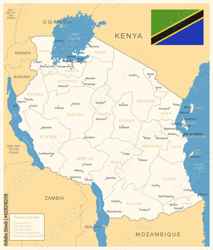 Tanzania - detailed map with administrative divisions and country flag.