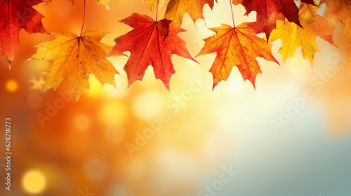 Nature of Red Leaves on beautiful Yellow bokeh background and copy space for text. Using as autumn environment cover page. Generative Ai	