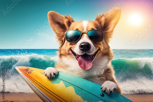 A dog is holding a surfboard on the beach © pham