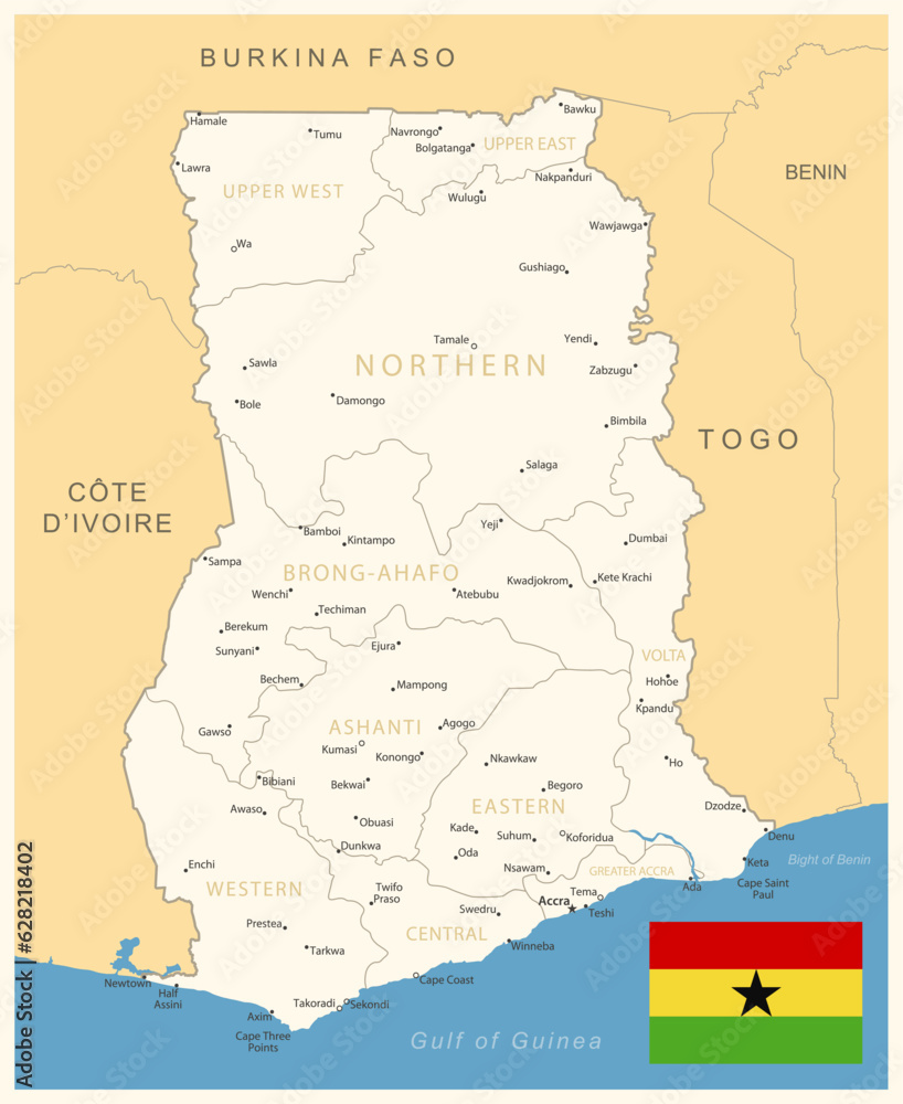 Naklejka premium Ghana - detailed map with administrative divisions and country flag.