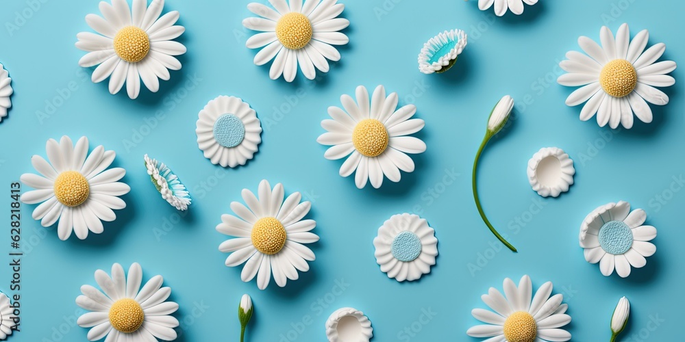 A bunch of fake daisies on a blue background