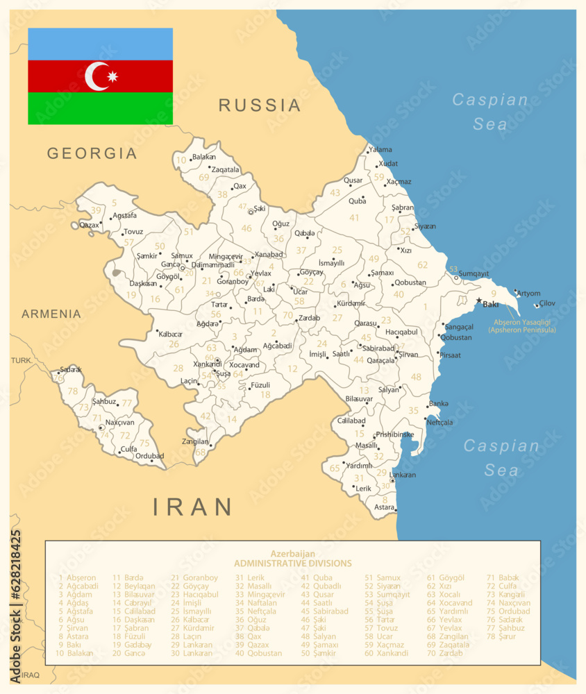Azerbaijan - detailed map with administrative divisions and country flag.