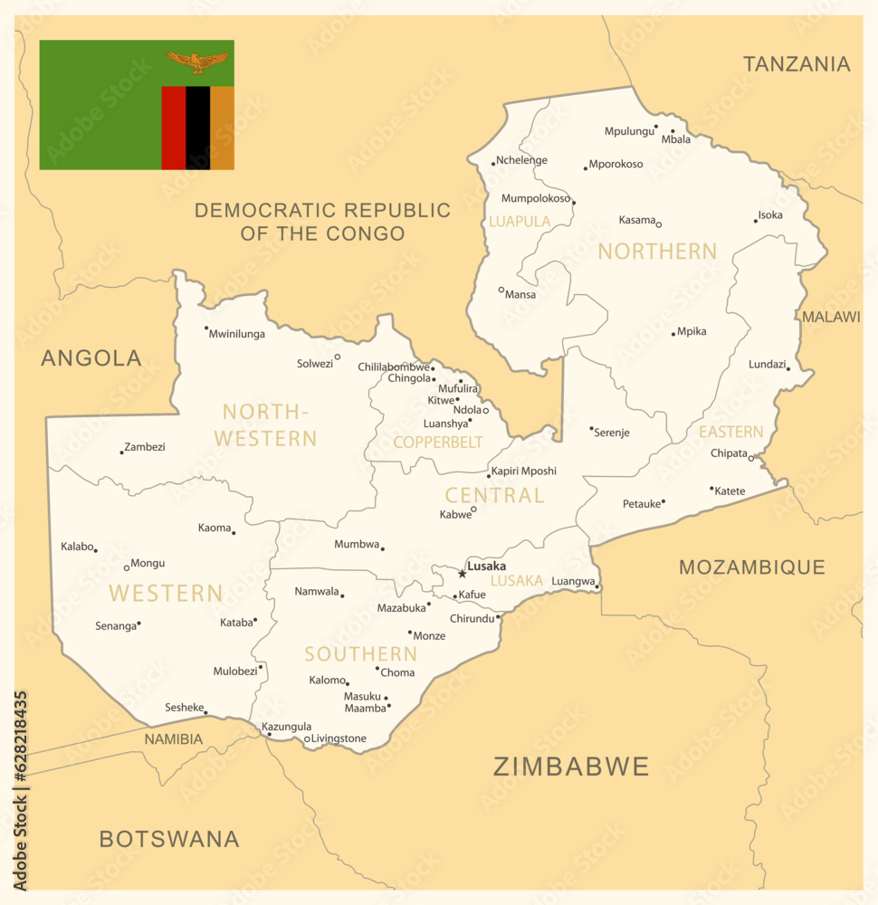 Zambia - detailed map with administrative divisions and country flag.