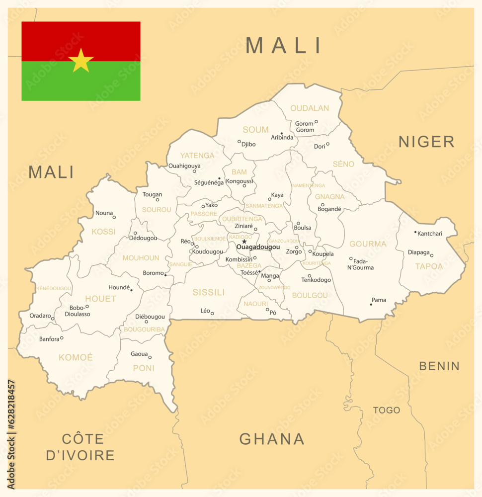Burkina Faso - detailed map with administrative divisions and country flag.