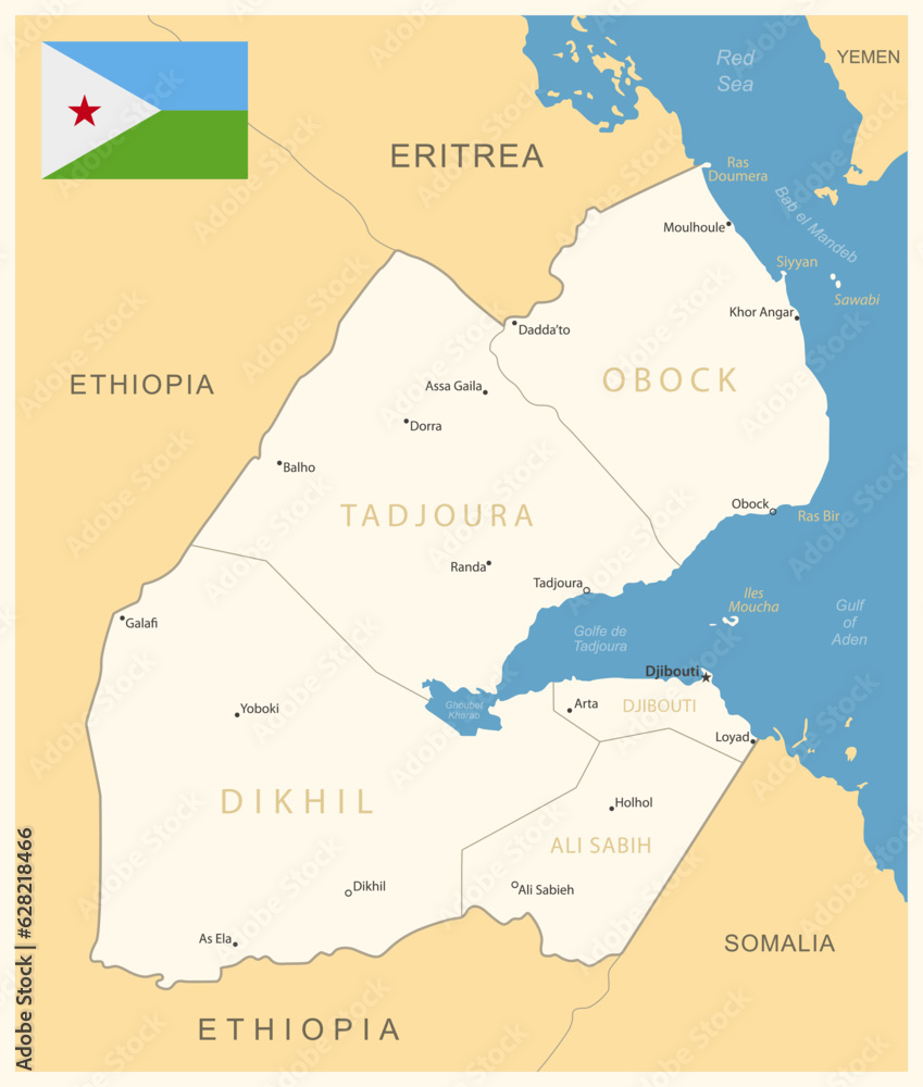 Djibouti - detailed map with administrative divisions and country flag.