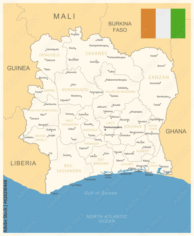 Cote dIvoire - detailed map with administrative divisions and country flag.