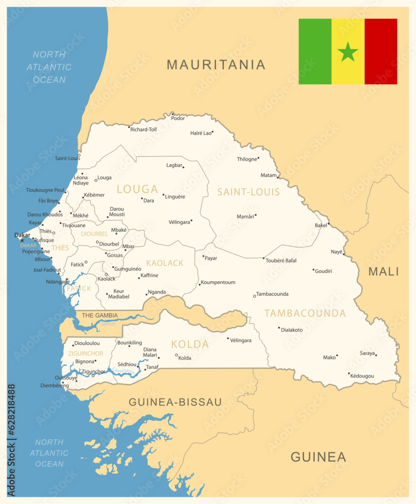 Senegal - detailed map with administrative divisions and country flag ...