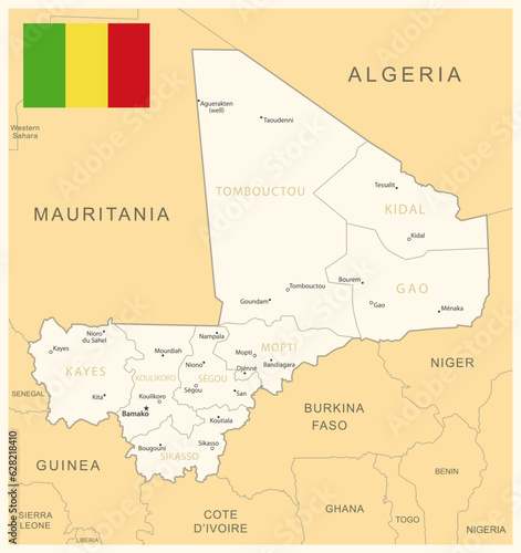 Mali - detailed map with administrative divisions and country flag.