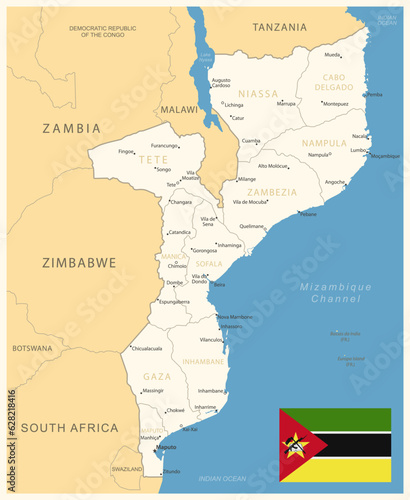 Mozambique - detailed map with administrative divisions and country flag.