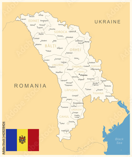 Moldova - detailed map with administrative divisions and country flag.